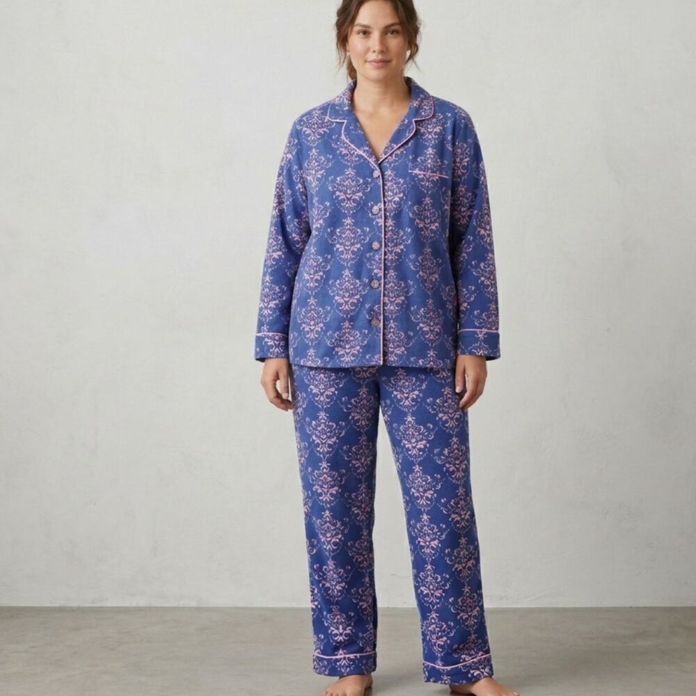 BedHead Pajama Set Damask Blue Pink Cotton Button Up PJs Drawstring Women Large